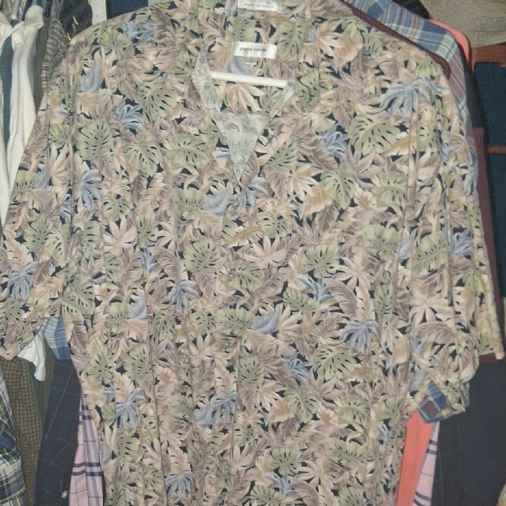 Pierre Cardin Tropical Leaf Print Button-Down Shirt - Green, Blue, Tan